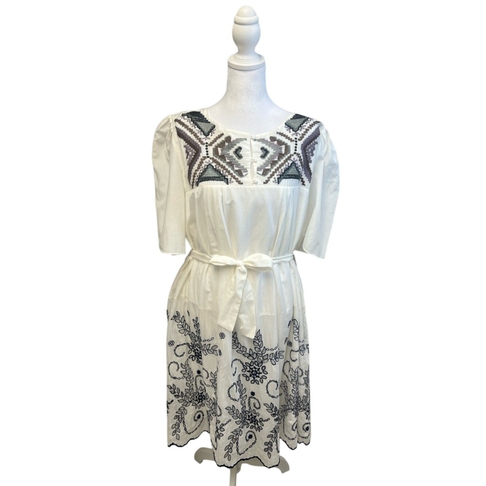 Boho Tracy Porter Dress Embroidered Floral Midi White Peasant Cottagec Coastal
